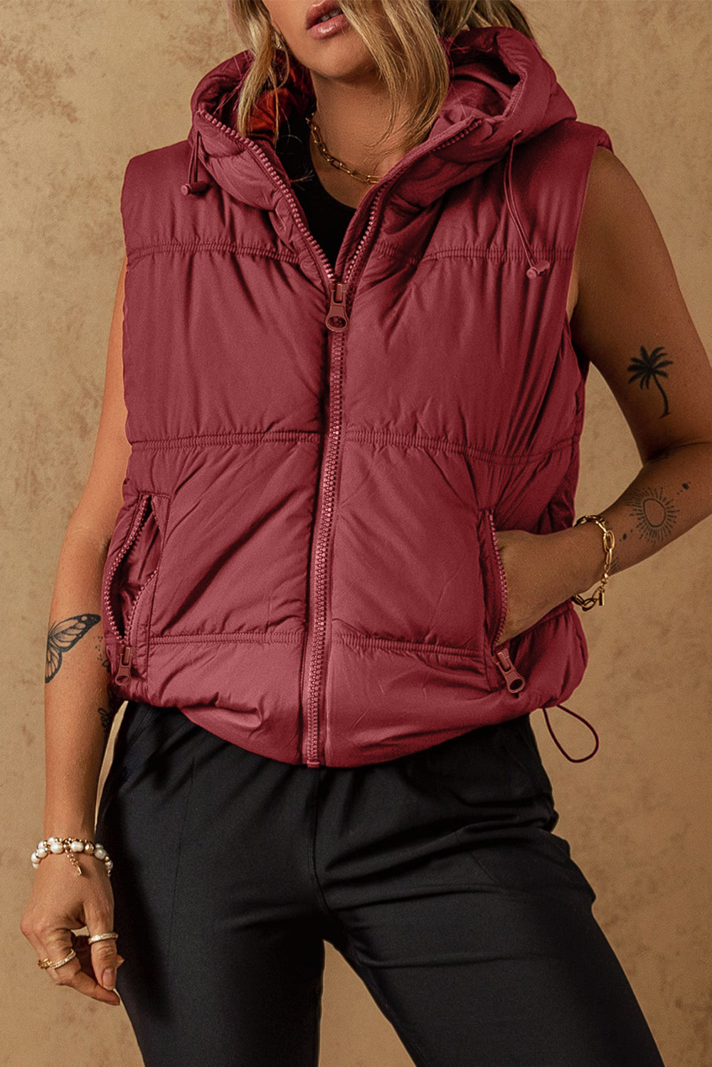 Drawstring Zip Up Hooded Vest Coat-TOPS / DRESSES-[Adult]-[Female]-2022 Online Blue Zone Planet