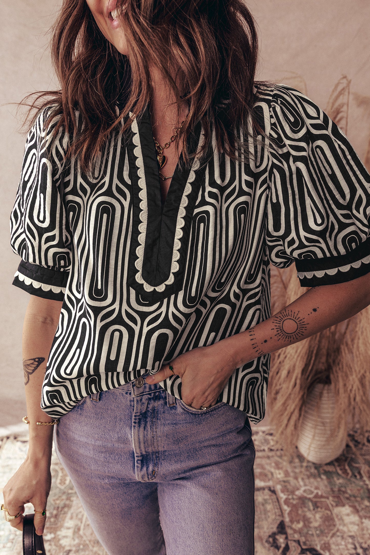 Black Geometric Print Contrast Scallop Color Block Patchwork Short Sleeve Blouse-Tops/Blouses & Shirts-[Adult]-[Female]-Black-S-2022 Online Blue Zone Planet