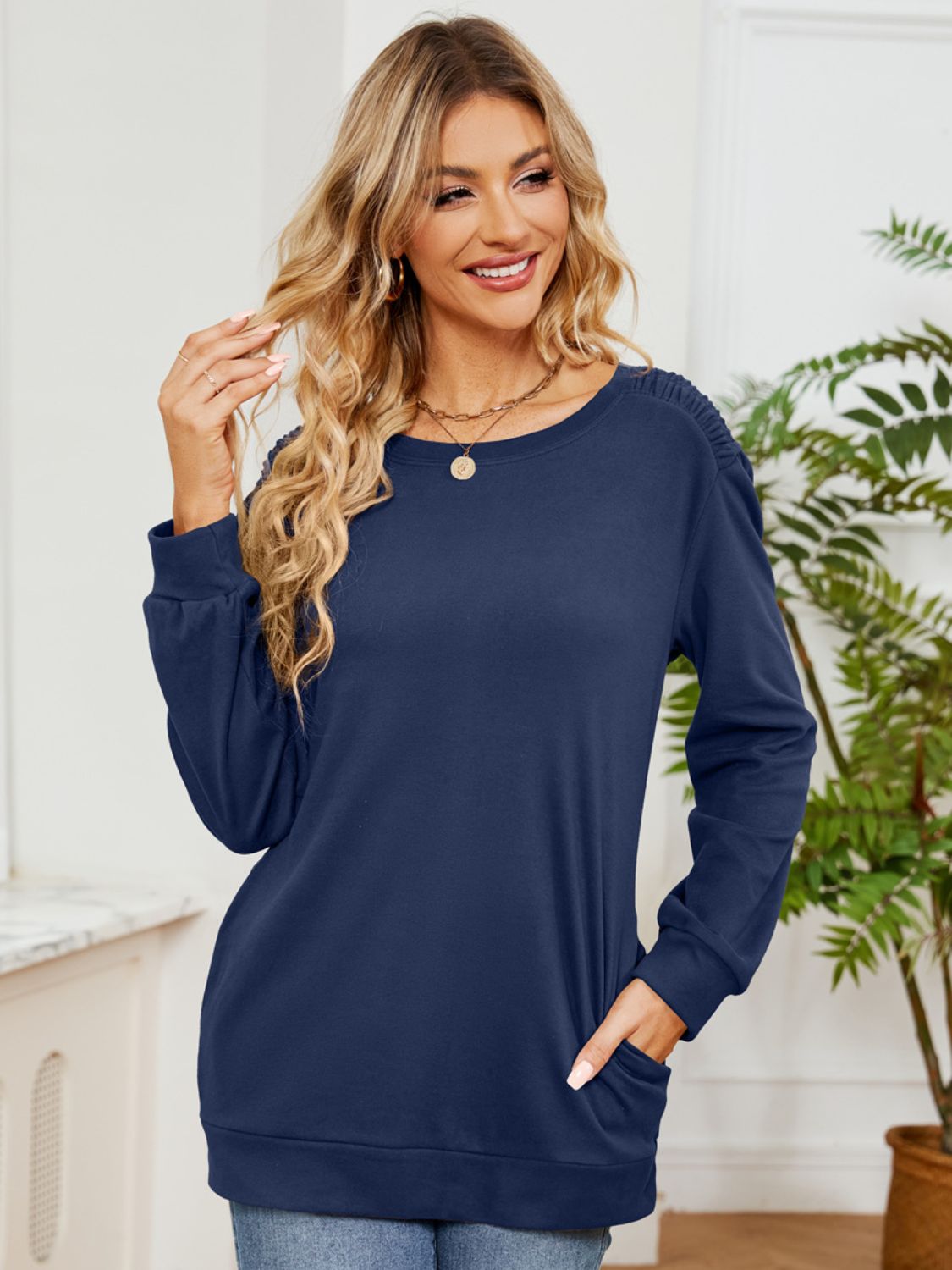 Ruched Shoulder Round Neck Long Sleeve Sweatshirt-TOPS / DRESSES-[Adult]-[Female]-2022 Online Blue Zone Planet