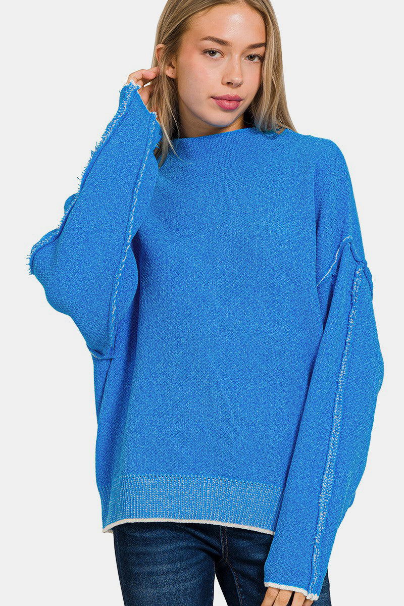 Blue Zone Planet | Zenana Exposed Seam Mock Neck Long Sleeve Sweater-TOPS / DRESSES-[Adult]-[Female]-2022 Online Blue Zone Planet