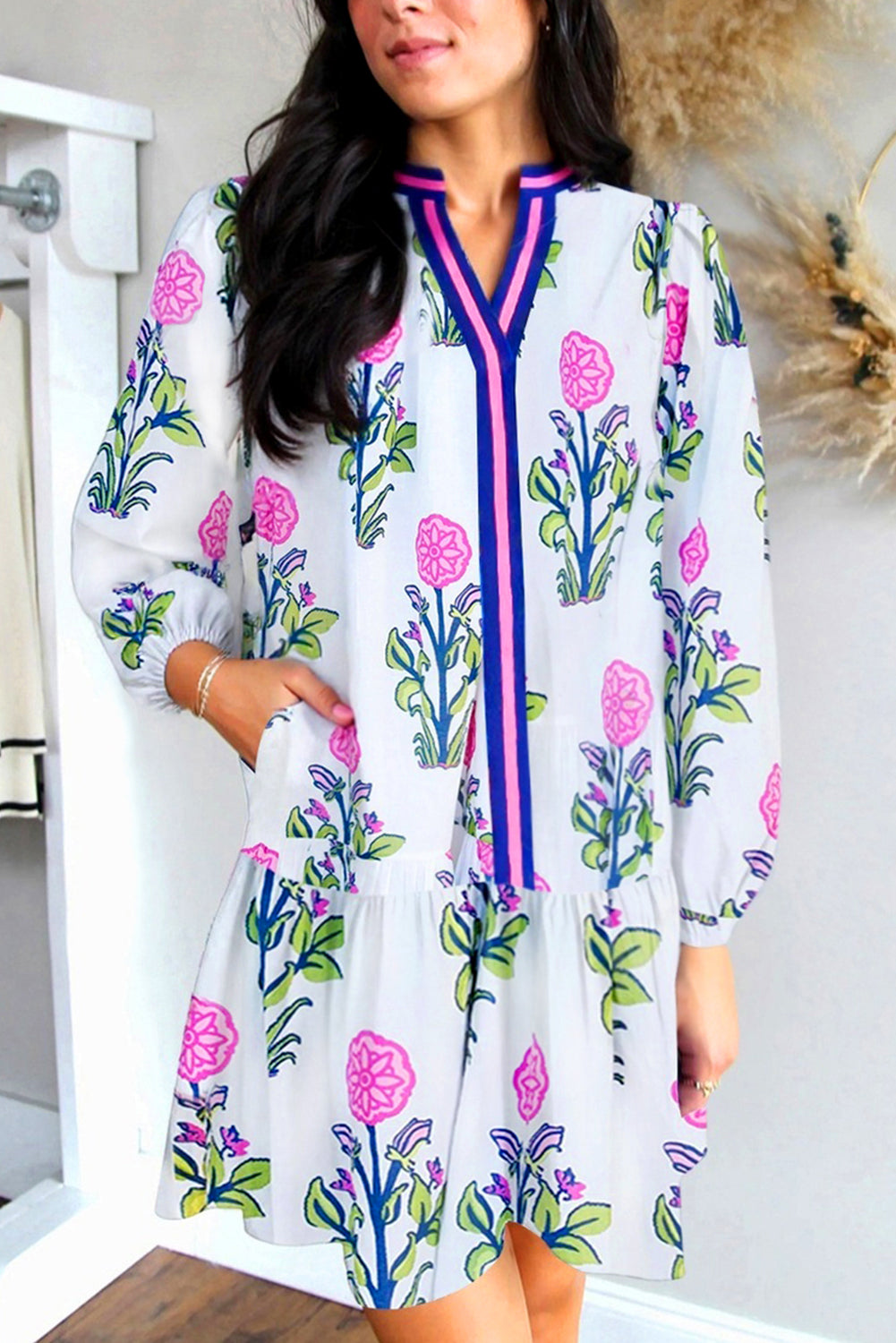 Sky Blue Floral Print Contrast Striped Trim Notched Neck Long Sleeve Dress-Dresses/Floral Dresses-[Adult]-[Female]-White-S-2022 Online Blue Zone Planet