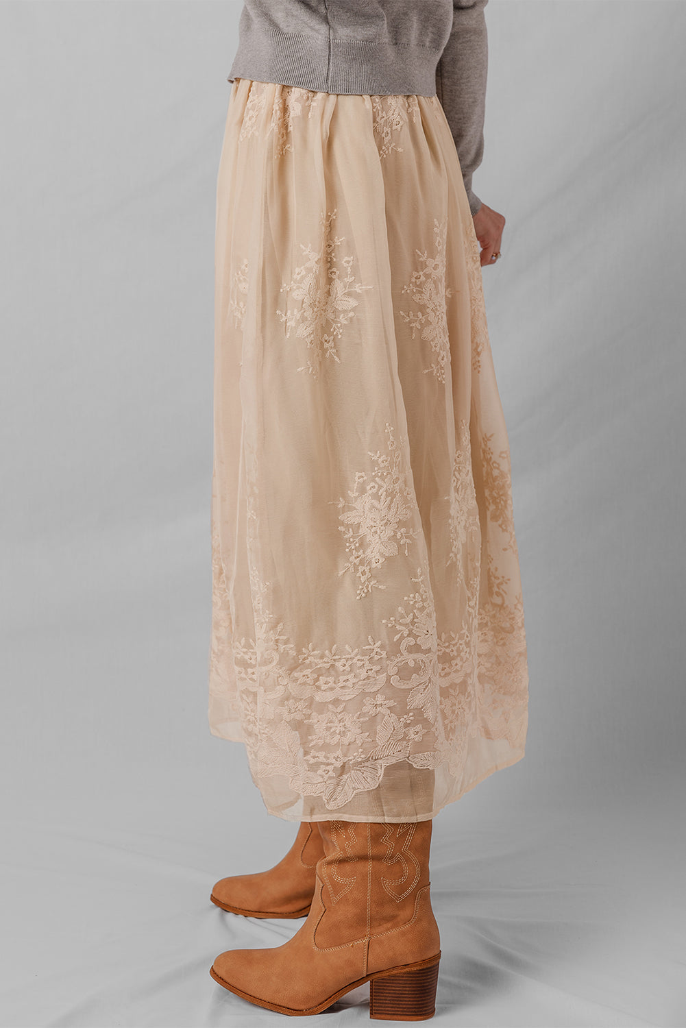 Oatmeal Embroidered Mesh Overlay Flowy Long Skirt-Bottoms/Skirts & Petticoat-[Adult]-[Female]-2022 Online Blue Zone Planet