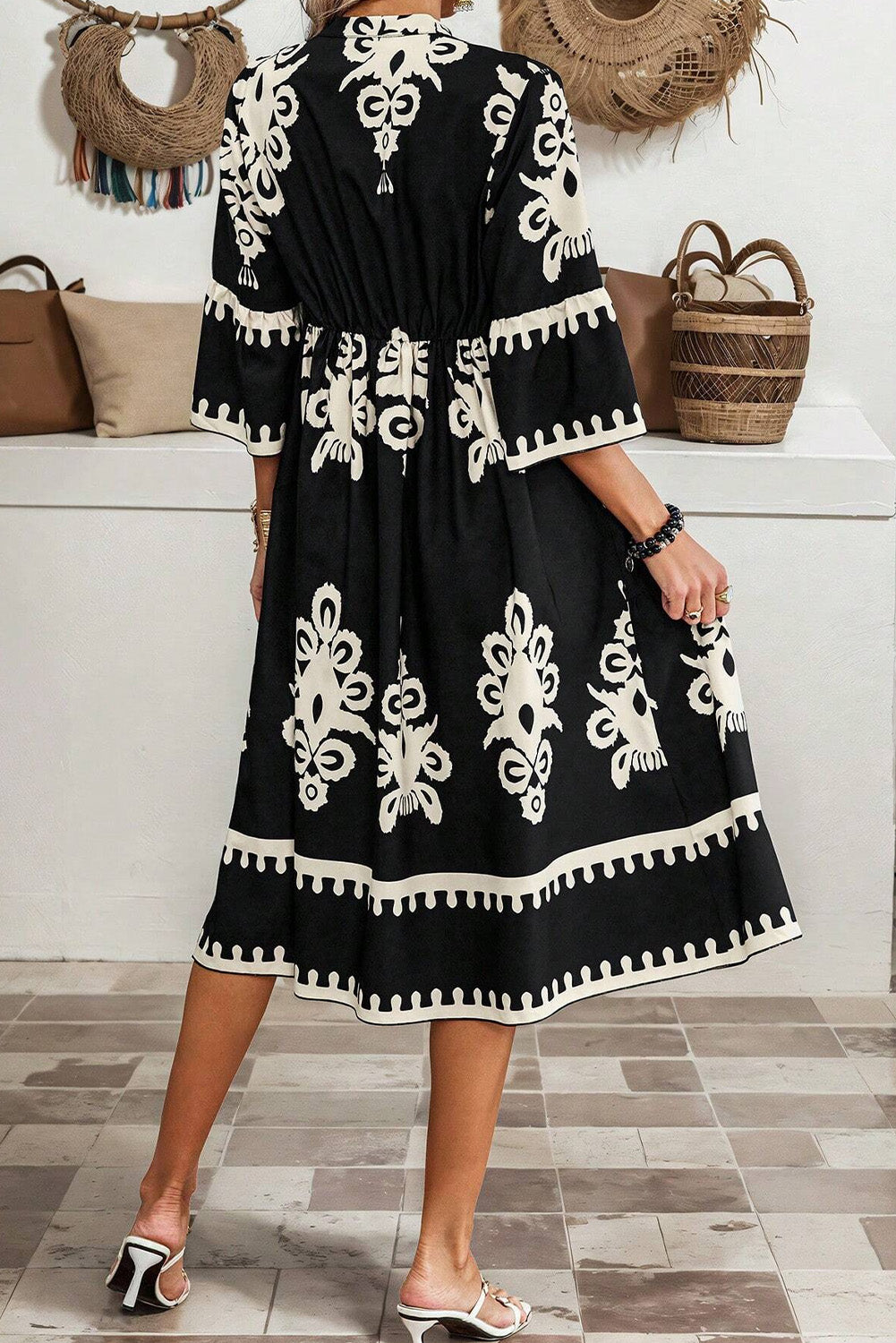 Black Western Geometric Print 3/4 Sleeve Loose Midi Dress-Dresses/Midi Dresses-[Adult]-[Female]-2022 Online Blue Zone Planet