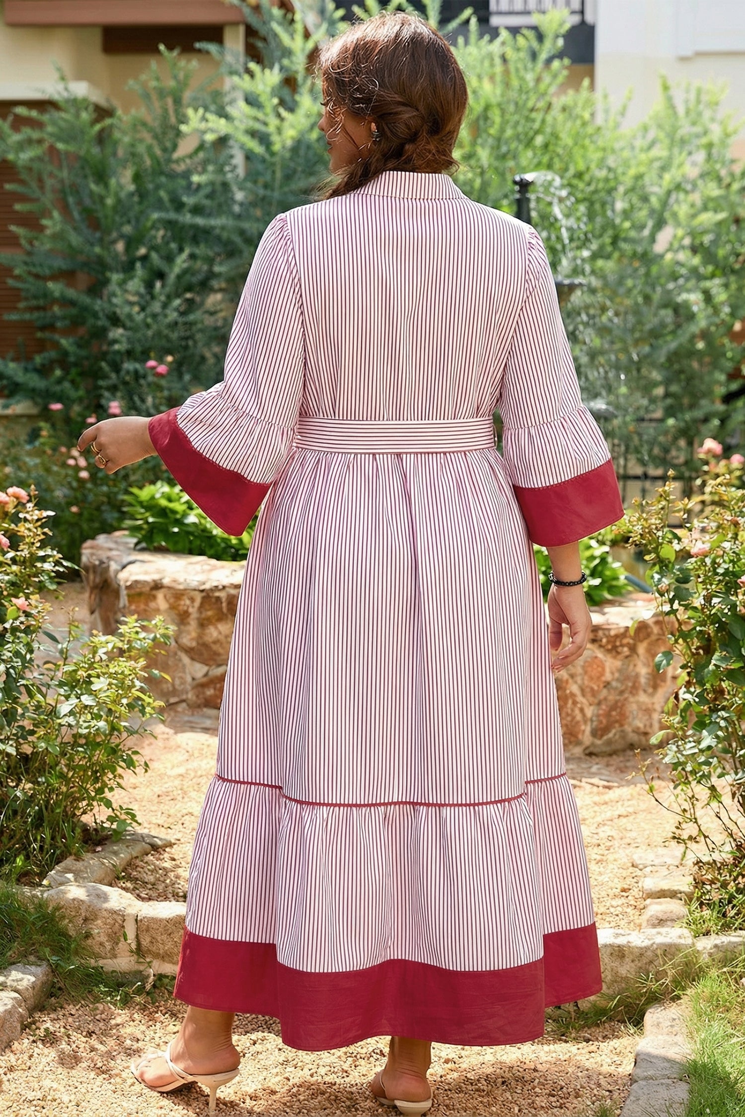 Red Stripe Plus Size Ruffled Hem Pinstriped Midi Dress-TOPS / DRESSES-[Adult]-[Female]-2022 Online Blue Zone Planet