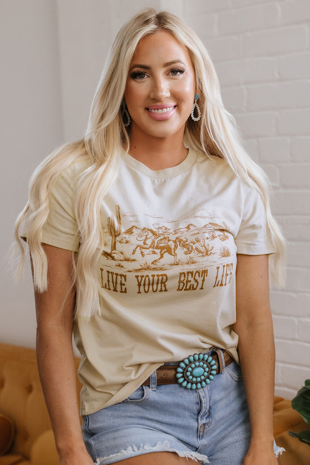 Beige Live Your Best Life Crew Neck Western Graphic Tee-Graphic/Graphic Tees-[Adult]-[Female]-2022 Online Blue Zone Planet