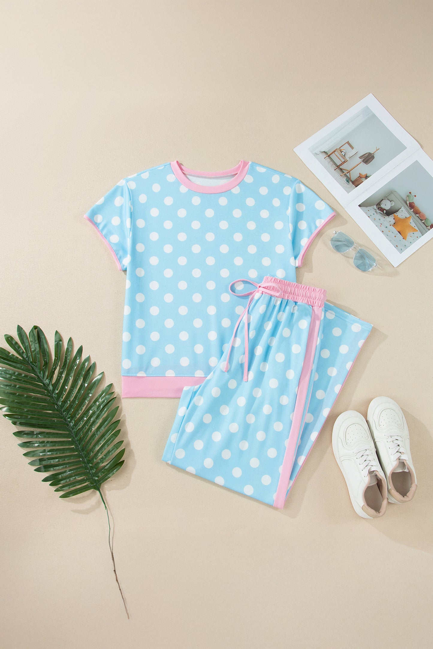Sky Blue Polka Dot Short Sleeve Top and Pants Set-Two Piece Sets/Pant Sets-[Adult]-[Female]-2022 Online Blue Zone Planet