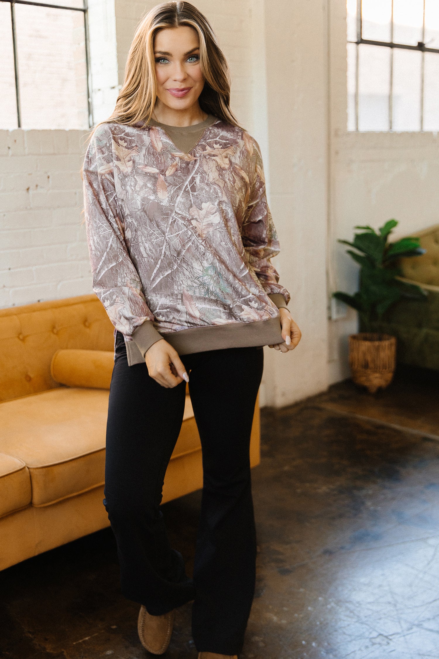 Brown Abstract Camo Print Color Block Detail Baggy Pullover Sweatshirt-Tops/Sweatshirts & Hoodies-[Adult]-[Female]-2022 Online Blue Zone Planet