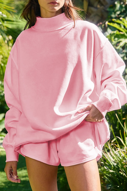 Light Pink High Neck Exposed Seam Drop Shoulder Baggy Pullover Short Set-Two Piece Sets/Short Sets-[Adult]-[Female]-Light Pink-S-2022 Online Blue Zone Planet