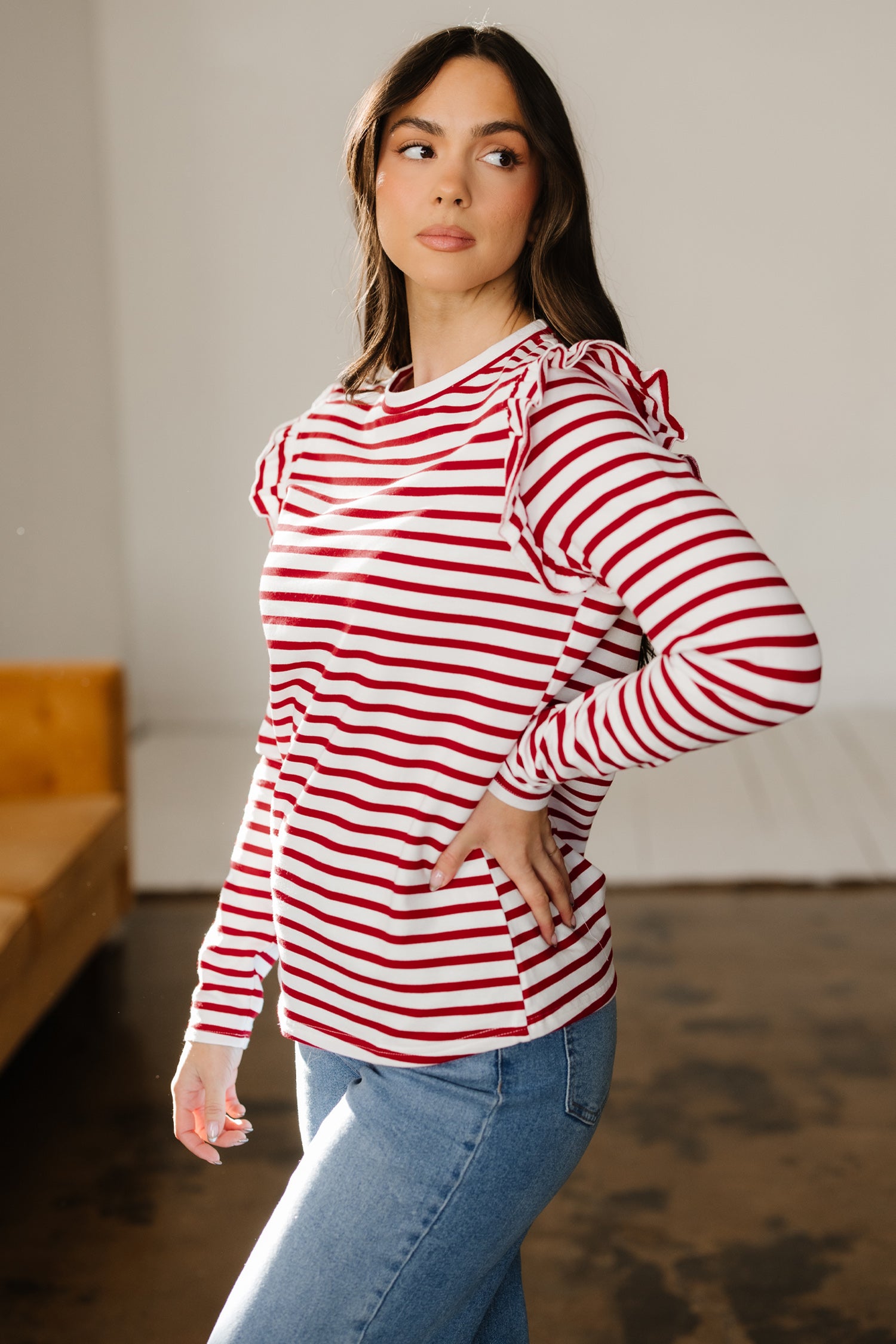Red Stripe Round Neck Ruffle Trim Long Sleeve Top-Tops/Long Sleeve Tops-[Adult]-[Female]-2022 Online Blue Zone Planet