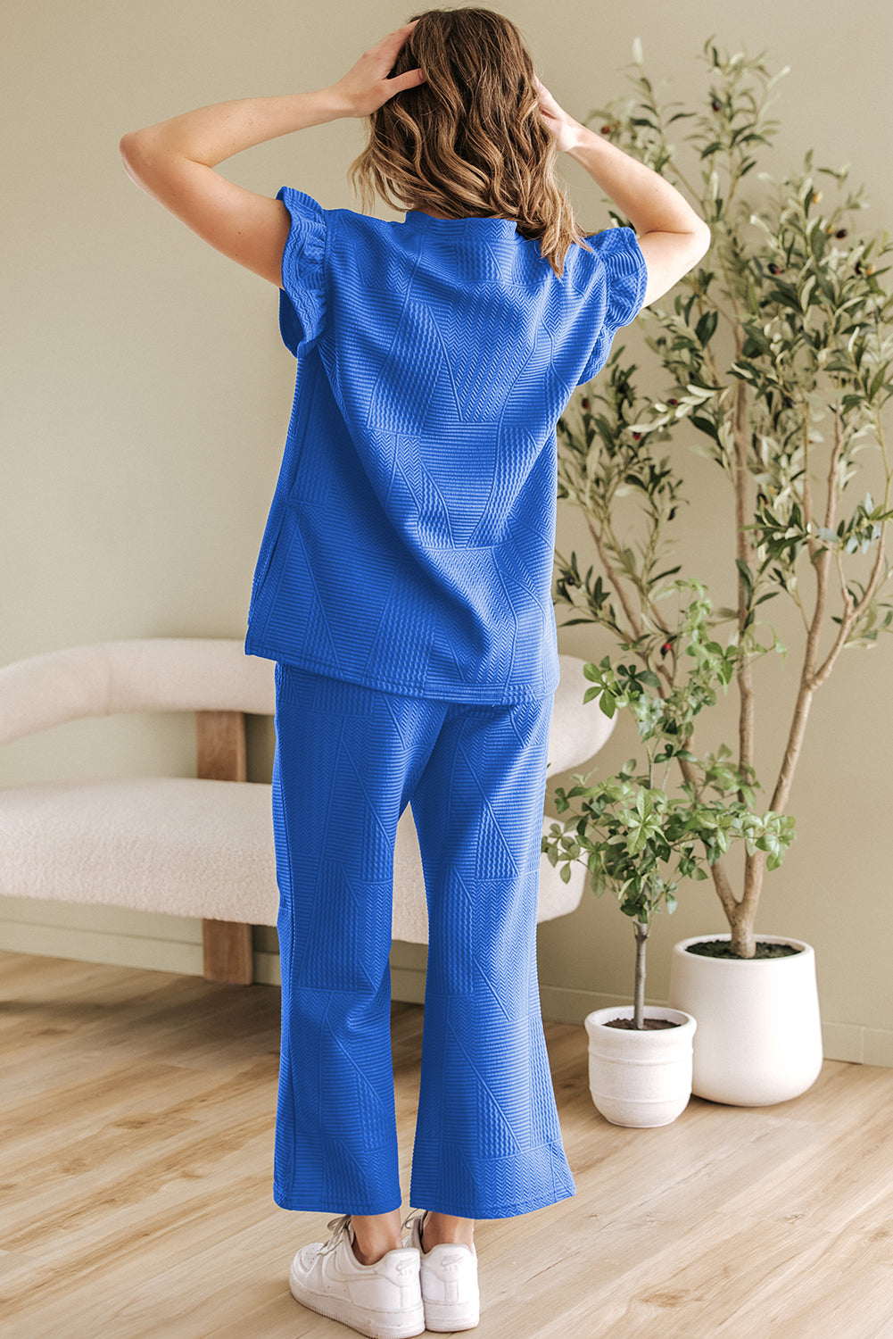 Blue Zone Planet | Dark Blue Ruffled Sleeve Summer Top and Cropped Loose Pants Set-Two Piece Sets/Pant Sets-[Adult]-[Female]-2022 Online Blue Zone Planet
