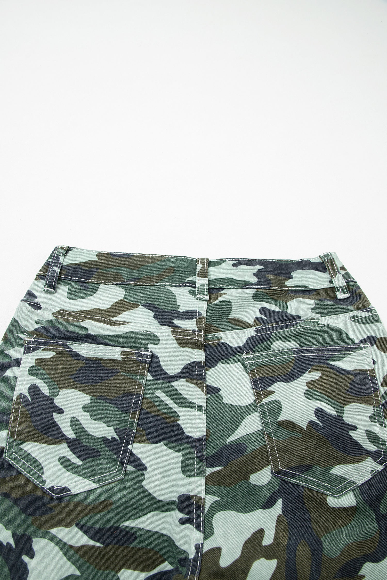 Green Camouflage Print Wide Leg Drawstring Denim Pants-Bottoms/Jeans-[Adult]-[Female]-2022 Online Blue Zone Planet