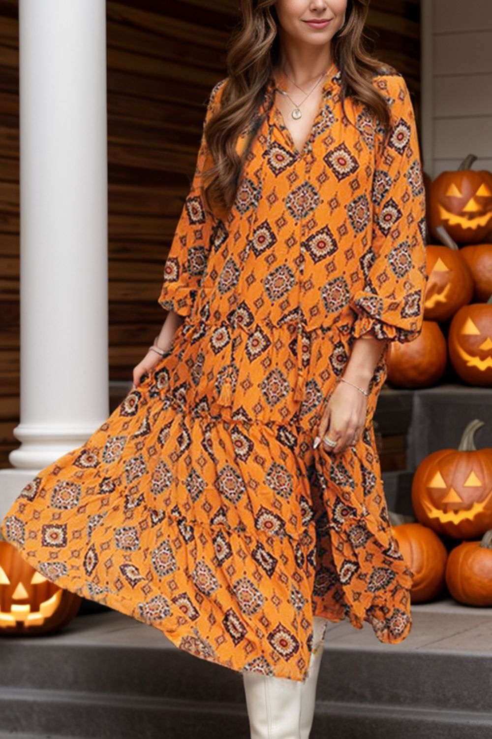 Frill Printed Tie Neck Long Sleeve Dress-TOPS / DRESSES-[Adult]-[Female]-Orange-S-2022 Online Blue Zone Planet