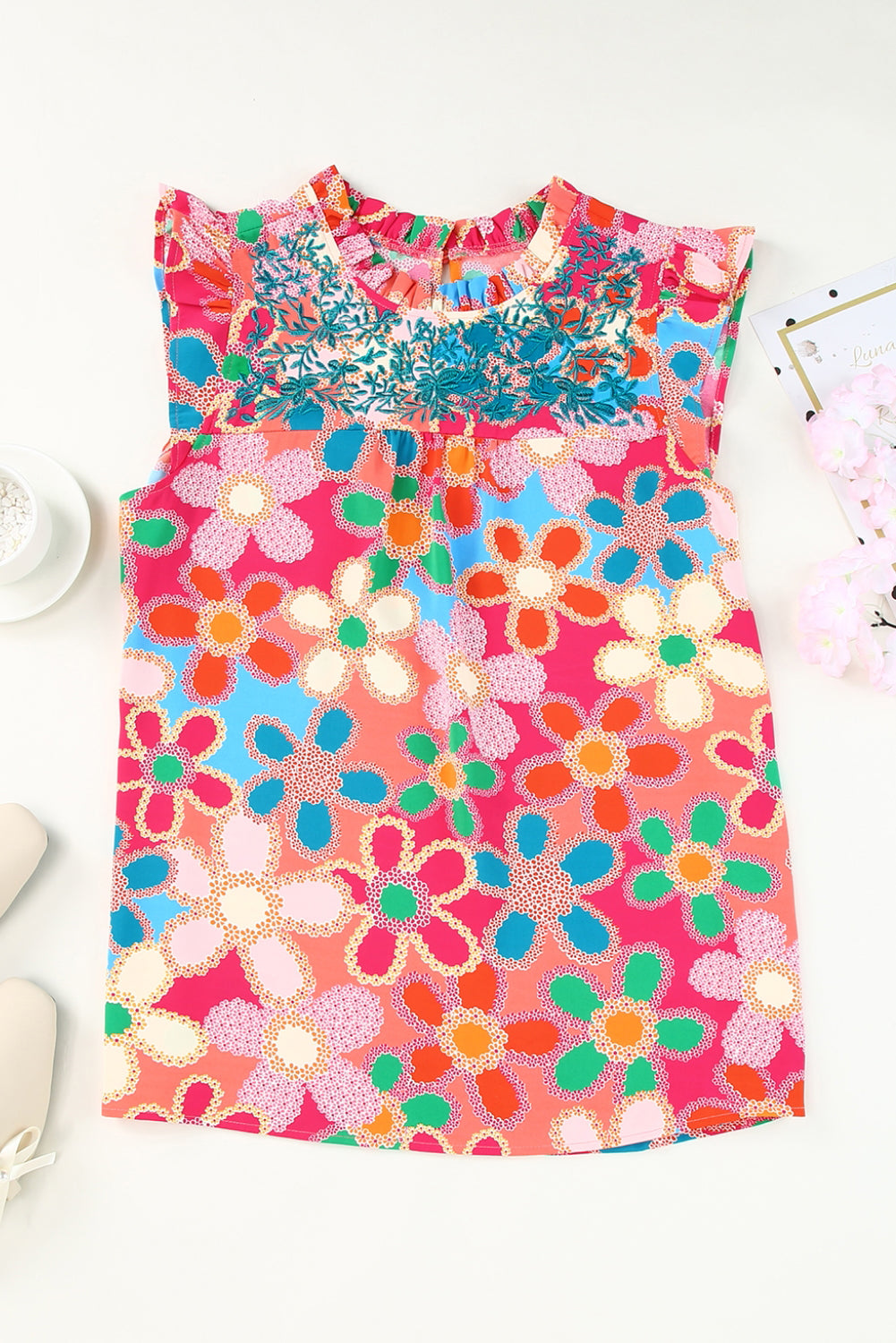 Pink Embroidered Detail Floral Print Ruffle Trim Tank Top-Tops/Tank Tops-[Adult]-[Female]-2022 Online Blue Zone Planet