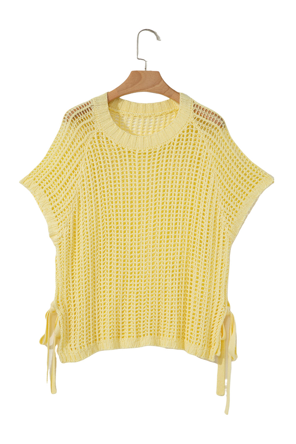 Yellow Cream Hollow-Out Crochet Side Tied Short Sleeve Sweater-TOPS / DRESSES-[Adult]-[Female]-2022 Online Blue Zone Planet