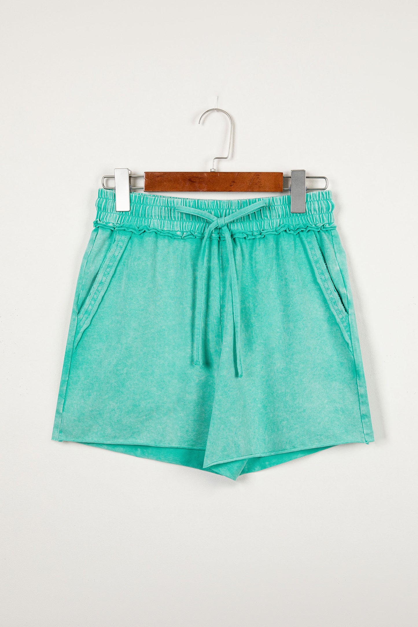 Sea Green Mineral Washed Drawstring Elastic Waist Raw Cut Shorts-Bottoms/Casual Shorts-[Adult]-[Female]-2022 Online Blue Zone Planet