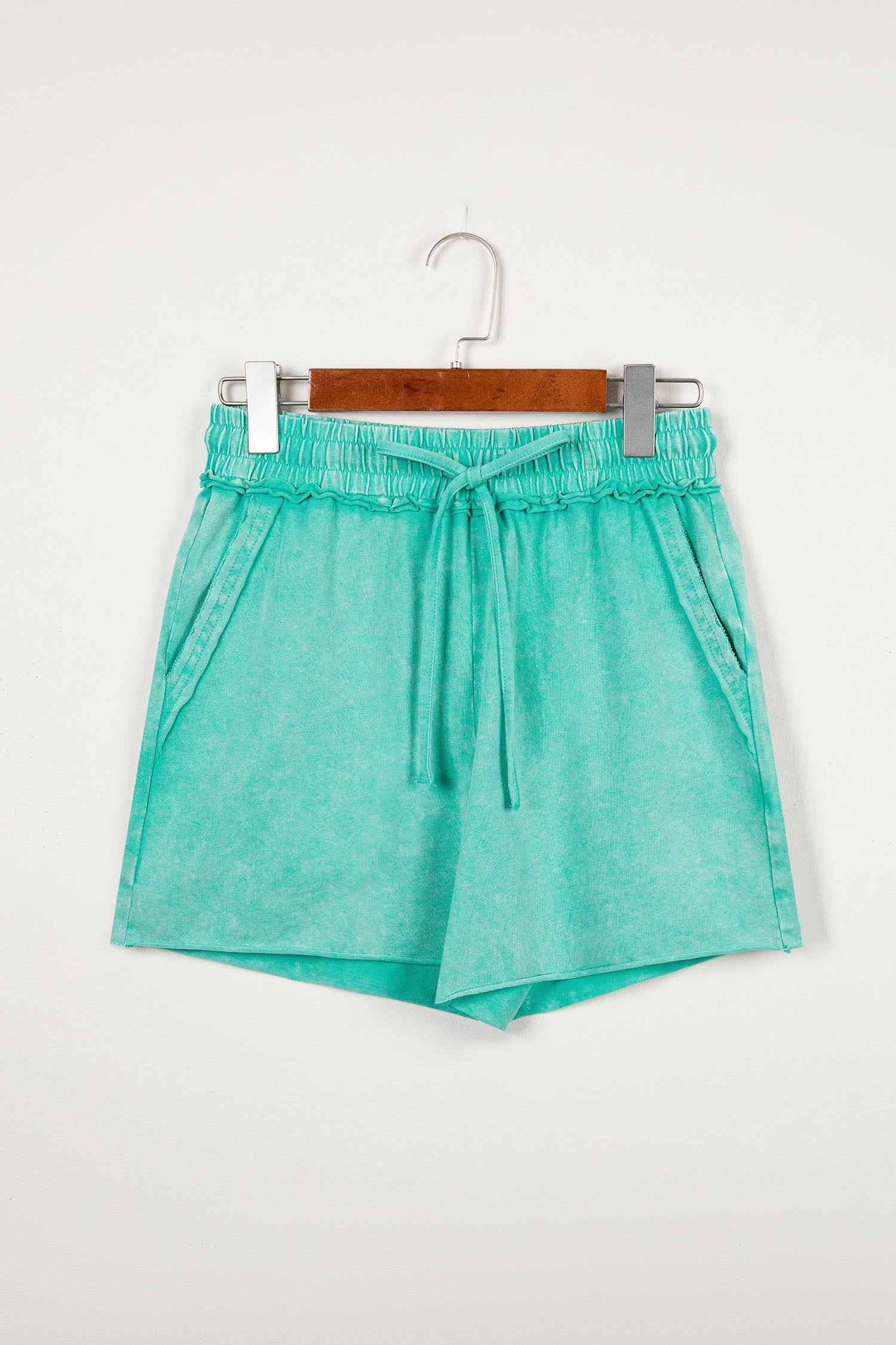 Sea Green Mineral Washed Drawstring Elastic Waist Raw Cut Shorts-Bottoms/Casual Shorts-[Adult]-[Female]-2022 Online Blue Zone Planet