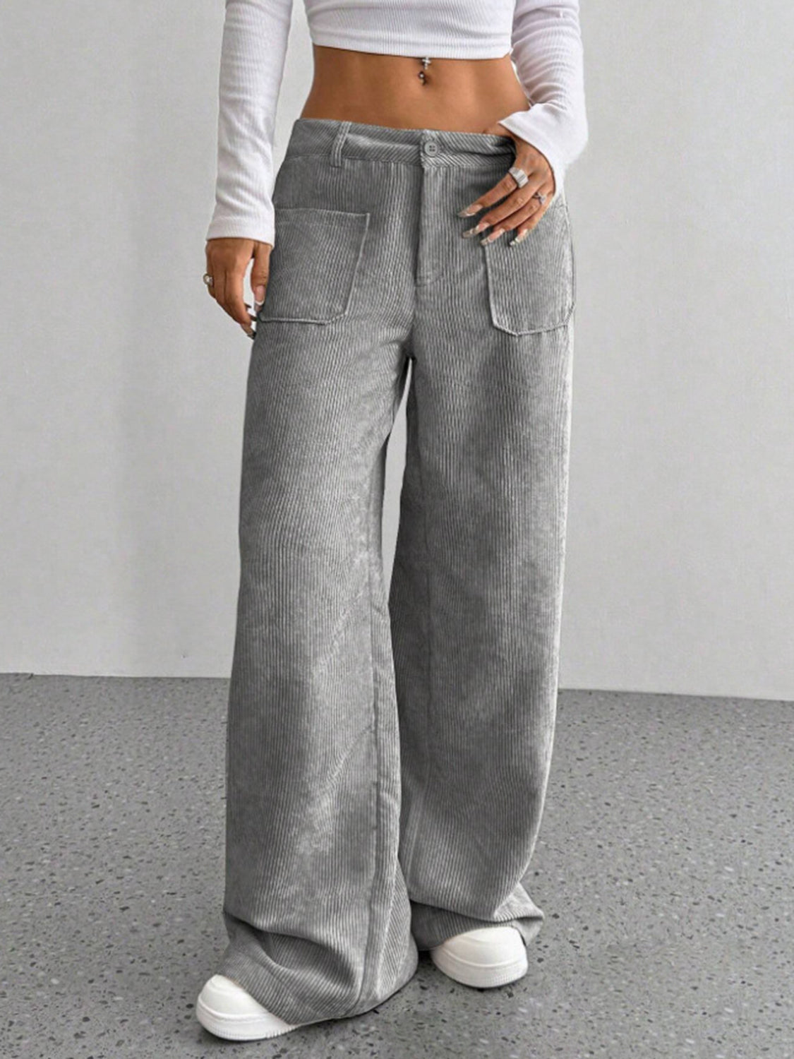 Wide Leg Pants with Pockets-BOTTOMS SIZES SMALL MEDIUM LARGE-[Adult]-[Female]-Gray-S-2022 Online Blue Zone Planet