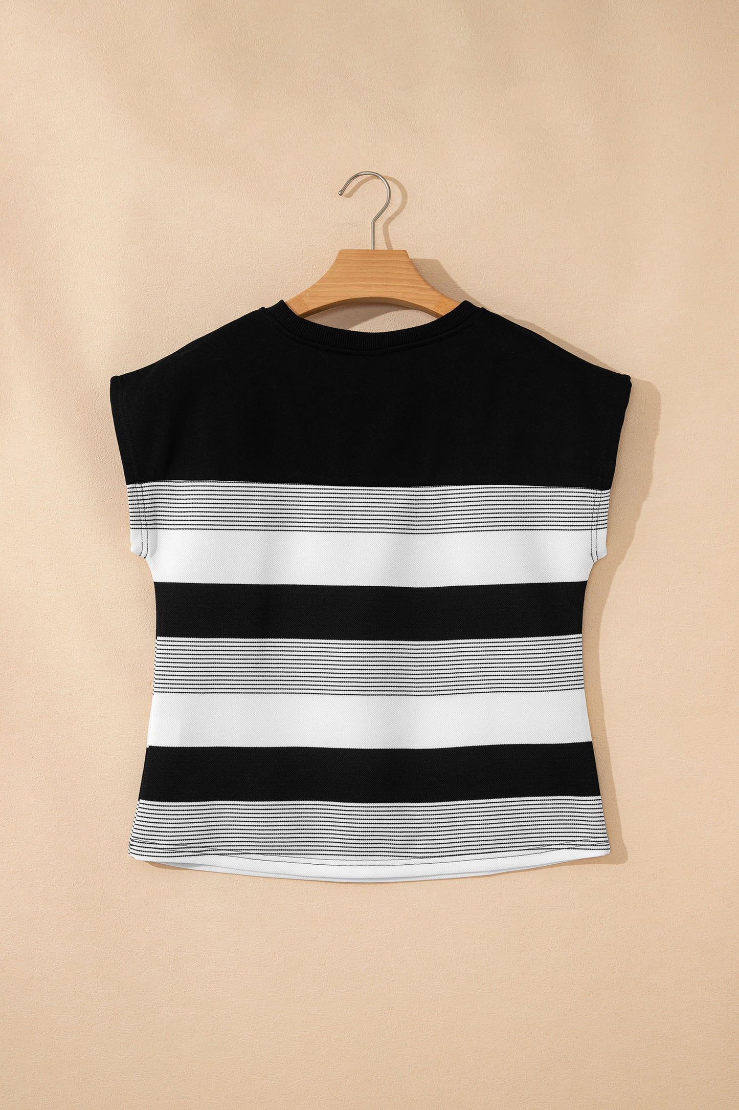 Black Stripe Mixed Print Crew Neck Cap Sleeve T Shirt-Tops/Tops & Tees-[Adult]-[Female]-2022 Online Blue Zone Planet