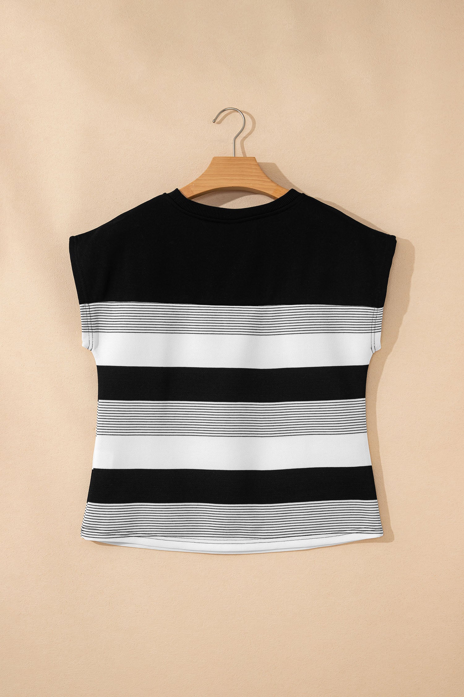 Black Stripe Mixed Print Crew Neck Cap Sleeve T Shirt-Tops/Tops & Tees-[Adult]-[Female]-2022 Online Blue Zone Planet