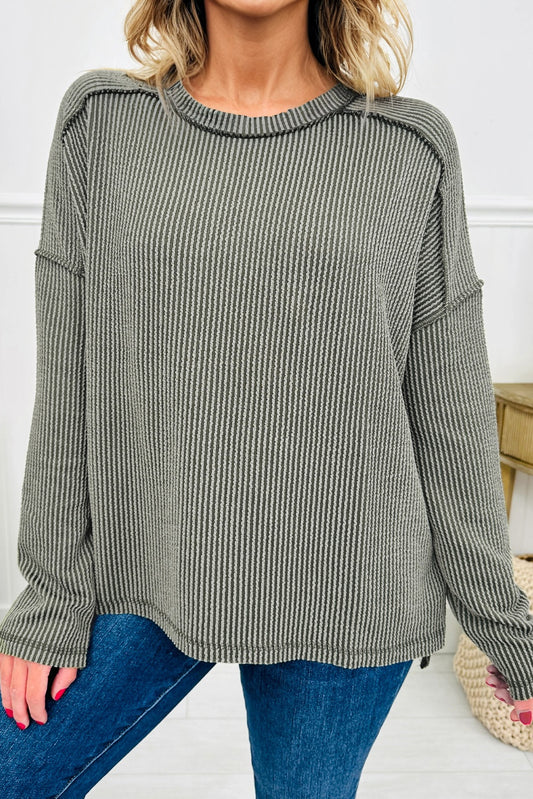 Green Bay Twist Ribbed Exposed Seam Detail Long Sleeve Loose Top-Tops/Long Sleeve Tops-[Adult]-[Female]-Green Bay-S-2022 Online Blue Zone Planet
