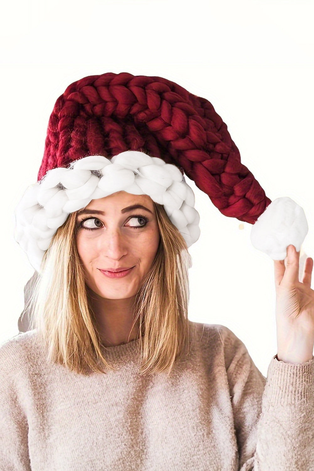 Blue Zone Planet | Red Dahlia Color Block Pom Pom Decor Chunky Knitted Christmas Hat-Accessories/Hats & Caps-[Adult]-[Female]-Red Dahlia-ONE SIZE-2022 Online Blue Zone Planet