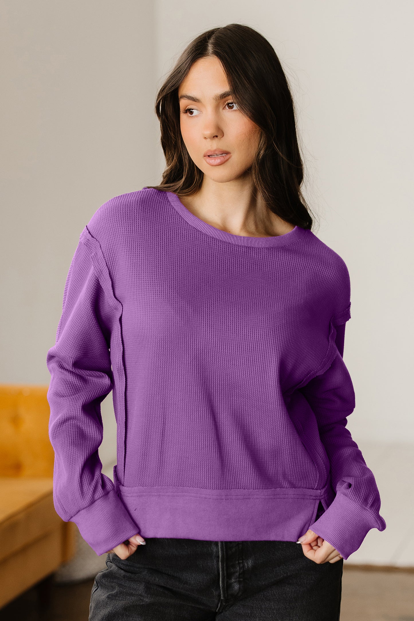 Orchid Mist Solid Color Raw Seam Patchwork Ribbed Drop Shoulder Sweatshirt-Tops/Sweatshirts & Hoodies-[Adult]-[Female]-2022 Online Blue Zone Planet