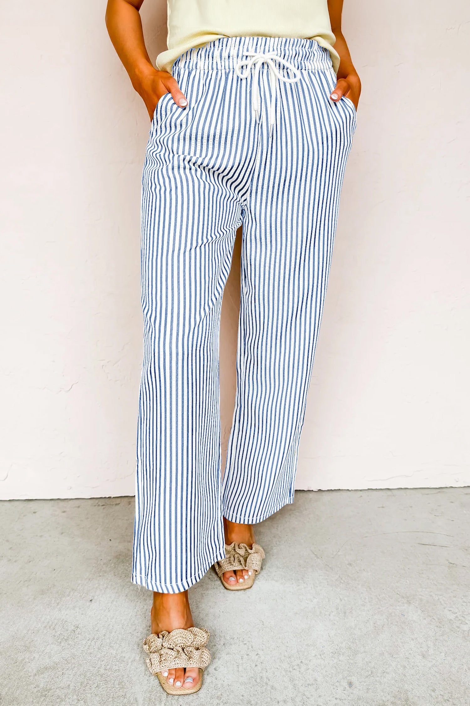 Blue Stripe Drawstring Elastic Waist Ankle Length Shift Pants-Bottoms/Pants & Culotte-[Adult]-[Female]-2022 Online Blue Zone Planet