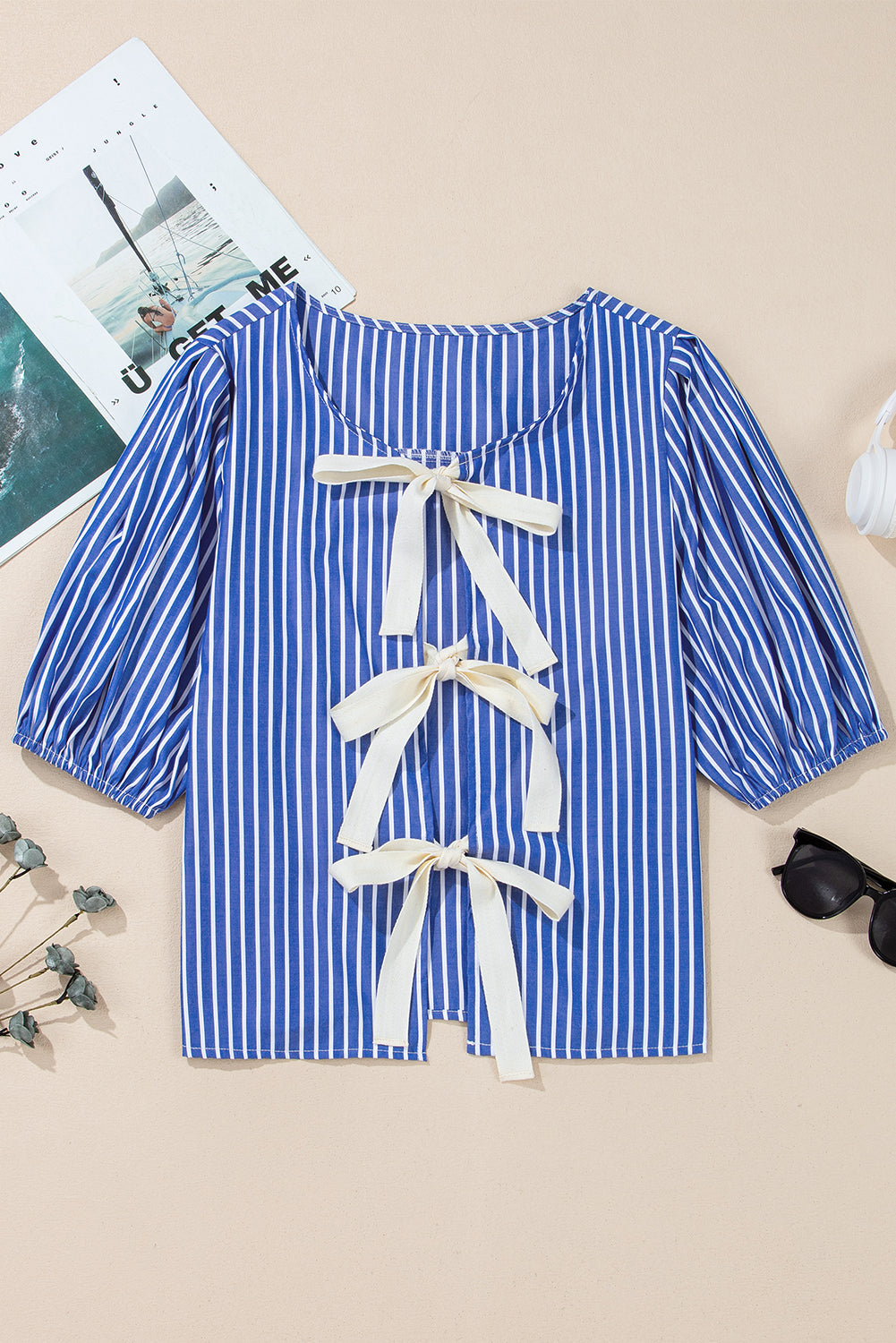 Blue Stripe Bow Tie Front Puff Short Sleeve Blouse-Blouses-[Adult]-[Female]-2022 Online Blue Zone Planet