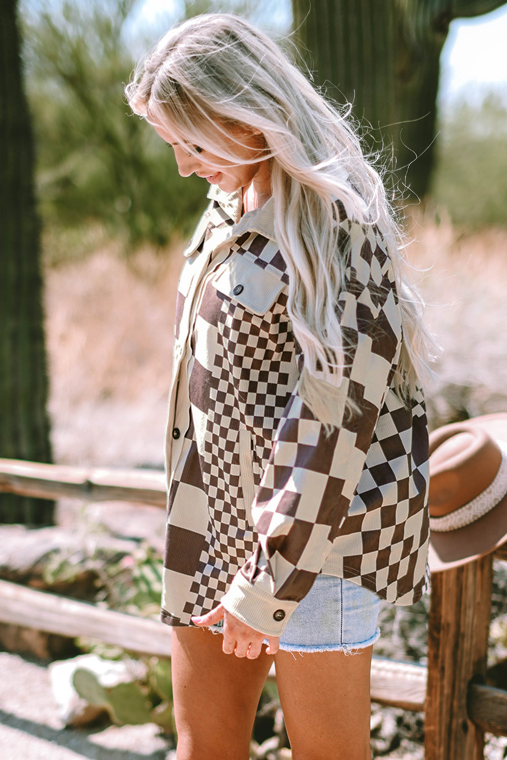 Brown Checkered Print Patchwork Corduroy Shacket-Outerwear/Jackets-[Adult]-[Female]-2022 Online Blue Zone Planet