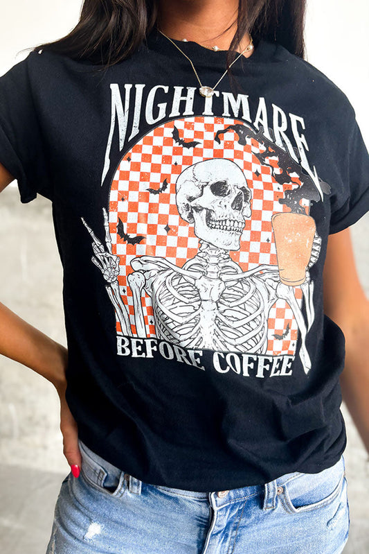 Black Nightmare Before Coffee Skull Checkerboard Graphic Halloween Tee-Graphic/Graphic Tees-[Adult]-[Female]-Black-S-2022 Online Blue Zone Planet