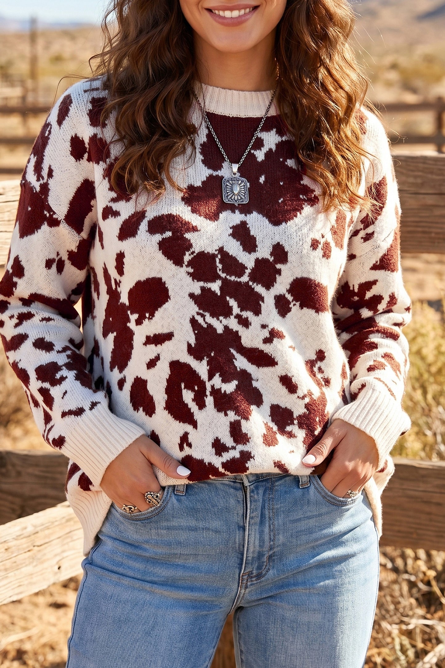 Brown Western Print Cow Pattern Long Sleeve Round Neck Pullover Knitwear Sweater