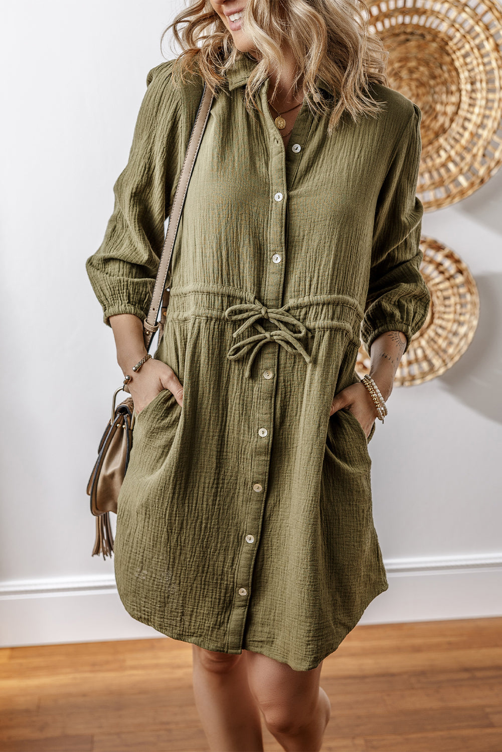 Jungle Green Textured Bracelet Sleeve Collared Button Up Dual Tied Mini Dress-Dresses/Mini Dresses-[Adult]-[Female]-Jungle Green-S-2022 Online Blue Zone Planet