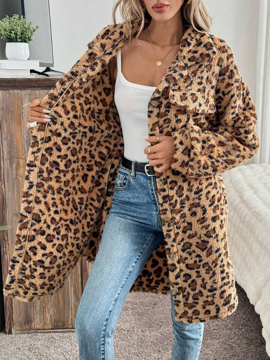 Leopard Button Up Long Sleeve Fuzzy Coat-TOPS / DRESSES-[Adult]-[Female]-2022 Online Blue Zone Planet