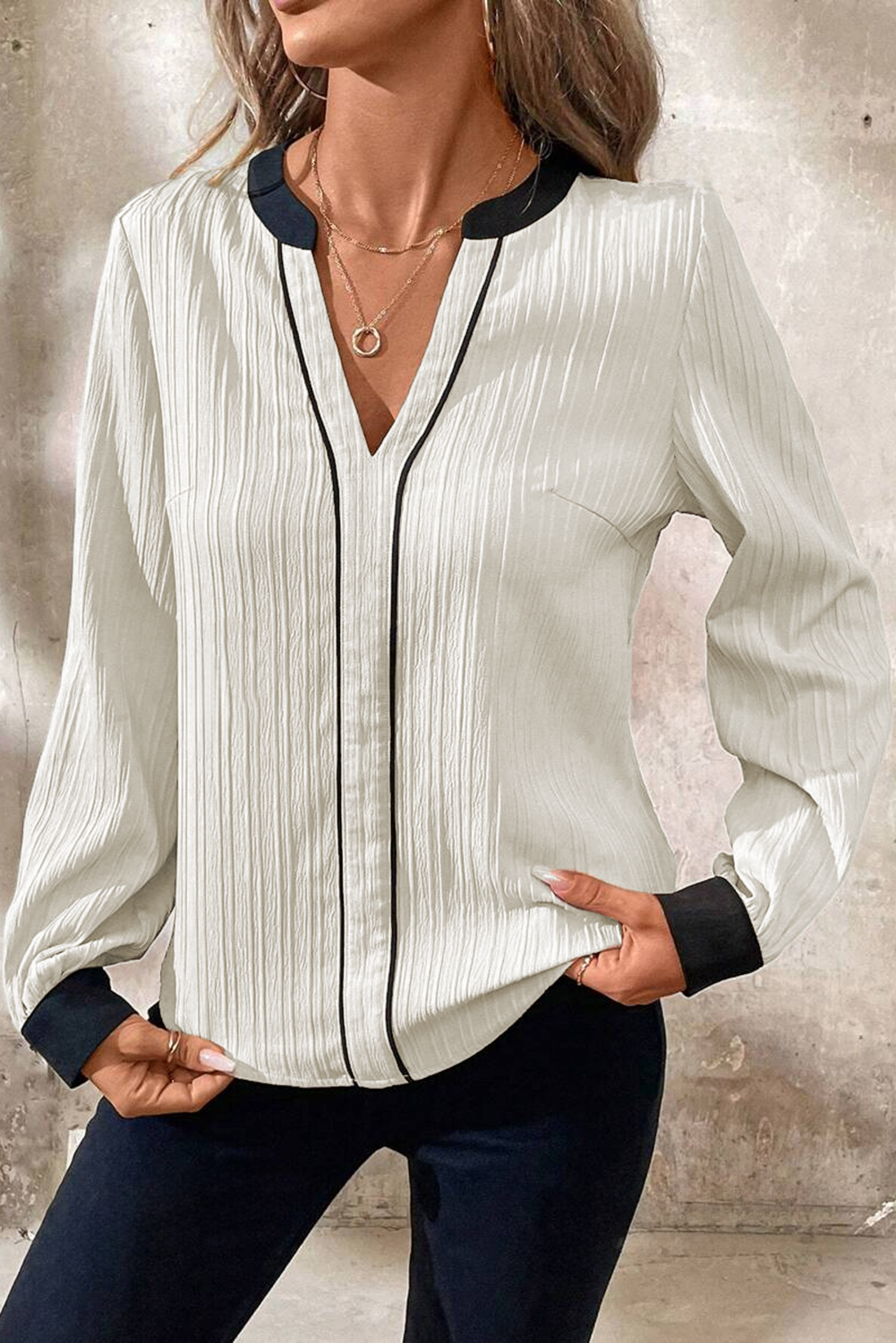 Blue Zone Planet | White Textured Colorblock V Neck Elegant Blouse-Tops/Blouses & Shirts-[Adult]-[Female]-2022 Online Blue Zone Planet