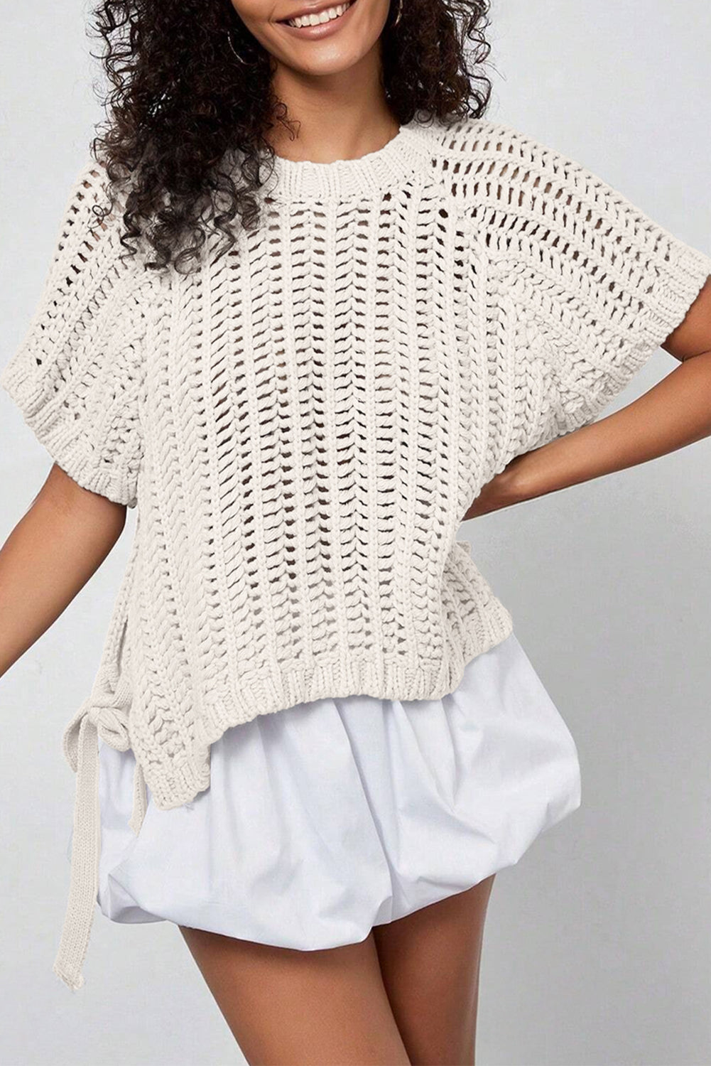 White Plus Size Open Knit Bow Tie Short Sleeve Sweater-Plus Size/Plus Size Tops/Plus Size Tops & Tees-[Adult]-[Female]-White-L-2022 Online Blue Zone Planet