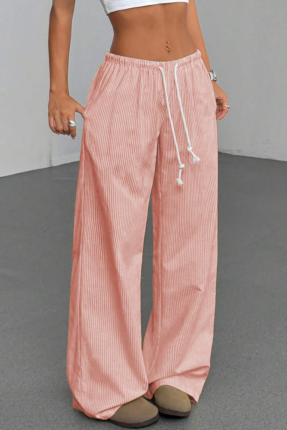 Pink Stripe Drawstring Plus Size Loose Pants-Plus Size/Plus Size Bottoms-[Adult]-[Female]-2022 Online Blue Zone Planet