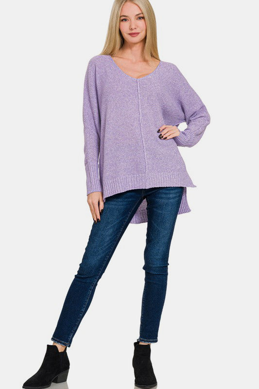 Blue Zone Planet | Zenana High-Low Center Seam V-Neck Sweater-TOPS / DRESSES-[Adult]-[Female]-2022 Online Blue Zone Planet