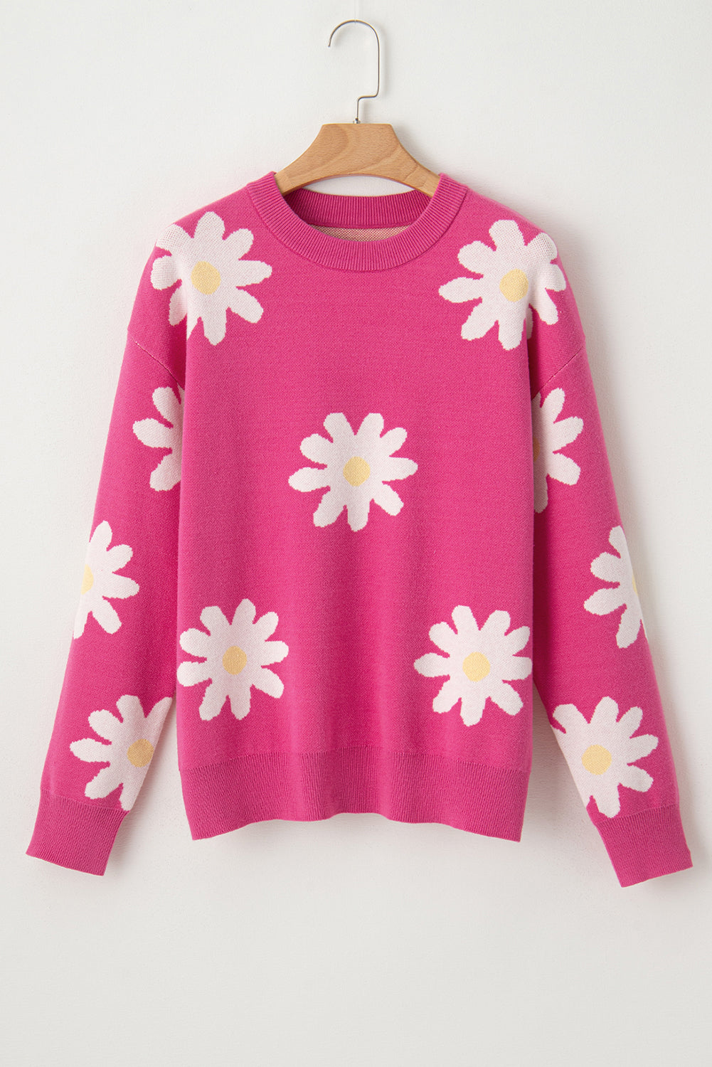 Bright Pink Daisy Ribbed Hem Sweater-Sweaters-[Adult]-[Female]-2022 Online Blue Zone Planet