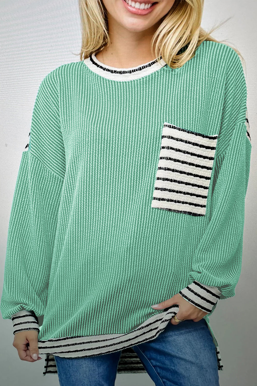Sea Green Twisted Ribbed Contrast Round Neck Striped Patchwork Long Sleeve Top-Tops/Long Sleeve Tops-[Adult]-[Female]-Sea Green-S-2022 Online Blue Zone Planet