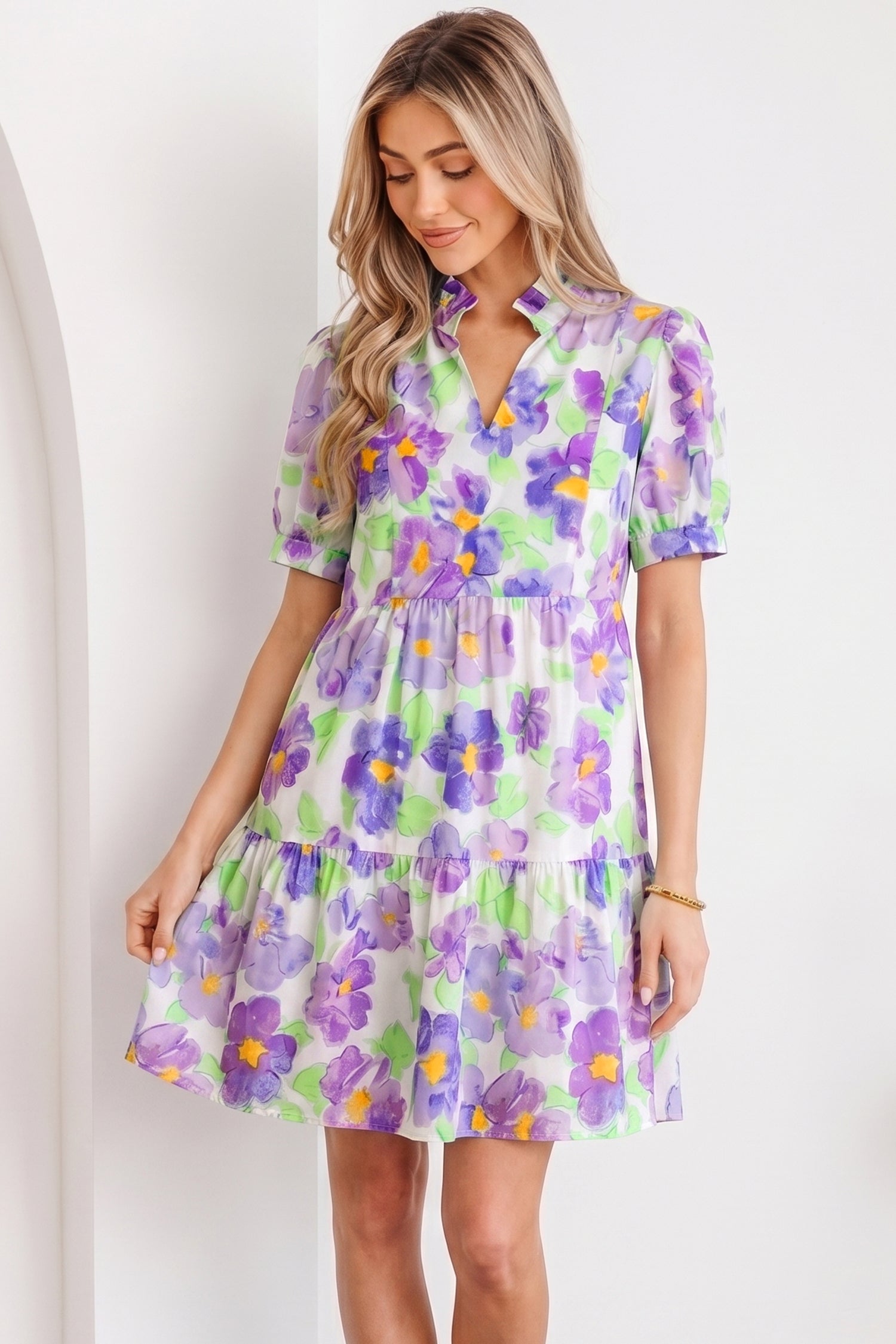 Purple Floral V Collar Short Sleeve Tiered Ruffle Mini Dress-TOPS / DRESSES-[Adult]-[Female]-2022 Online Blue Zone Planet