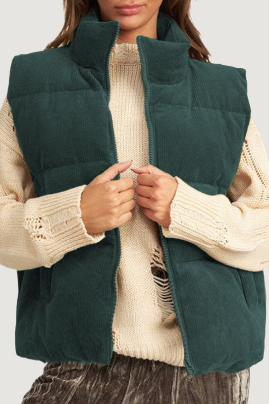 Blue Zone Planet | Jungle Green Corduroy Stand Neck Zipped Puffer Vest-Outerwear/Vests-[Adult]-[Female]-Jungle Green-S-2022 Online Blue Zone Planet