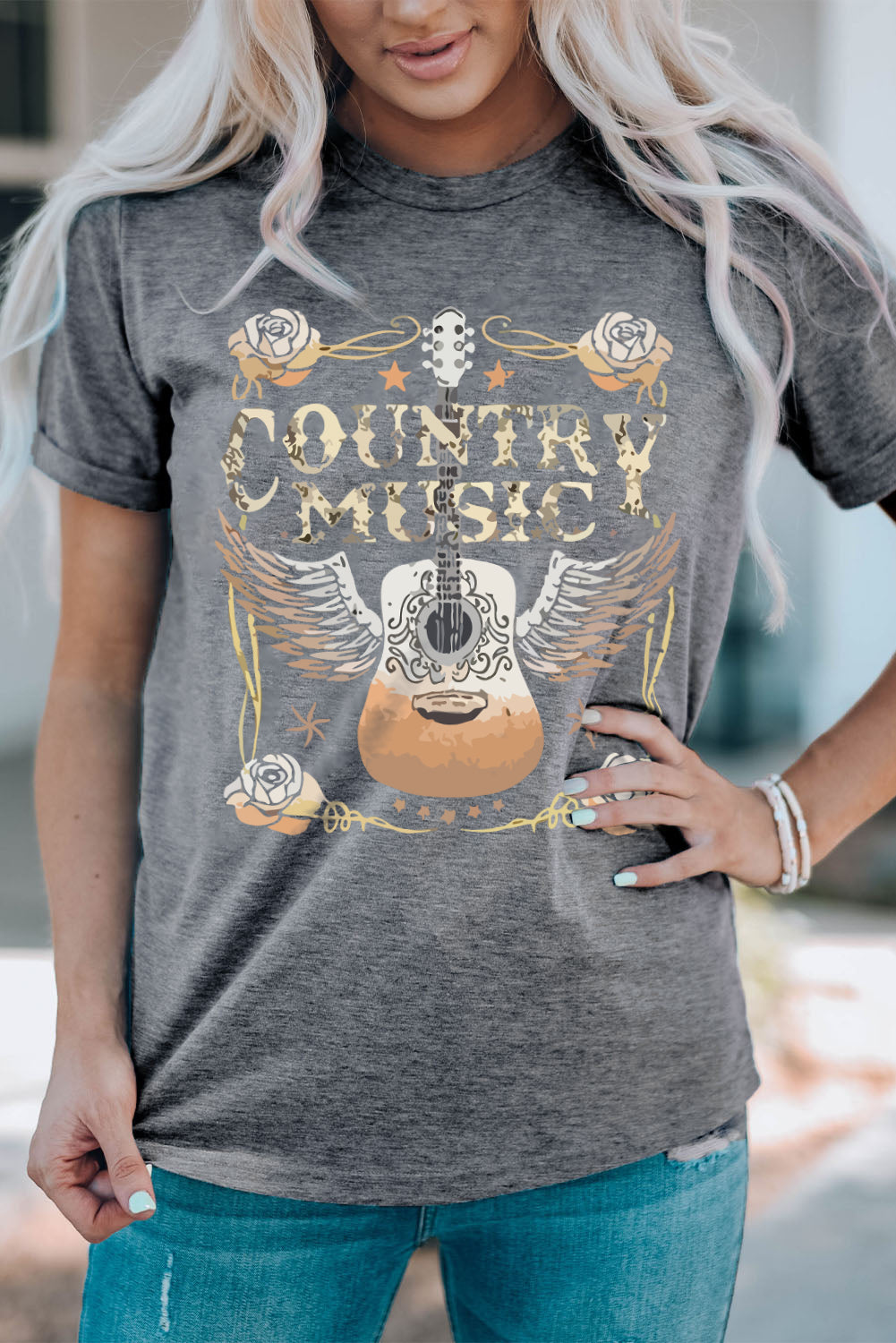 Gray Country Music Guitar Graphic Print Crew Neck T Shirt-Graphic/Graphic Tees-[Adult]-[Female]-2022 Online Blue Zone Planet