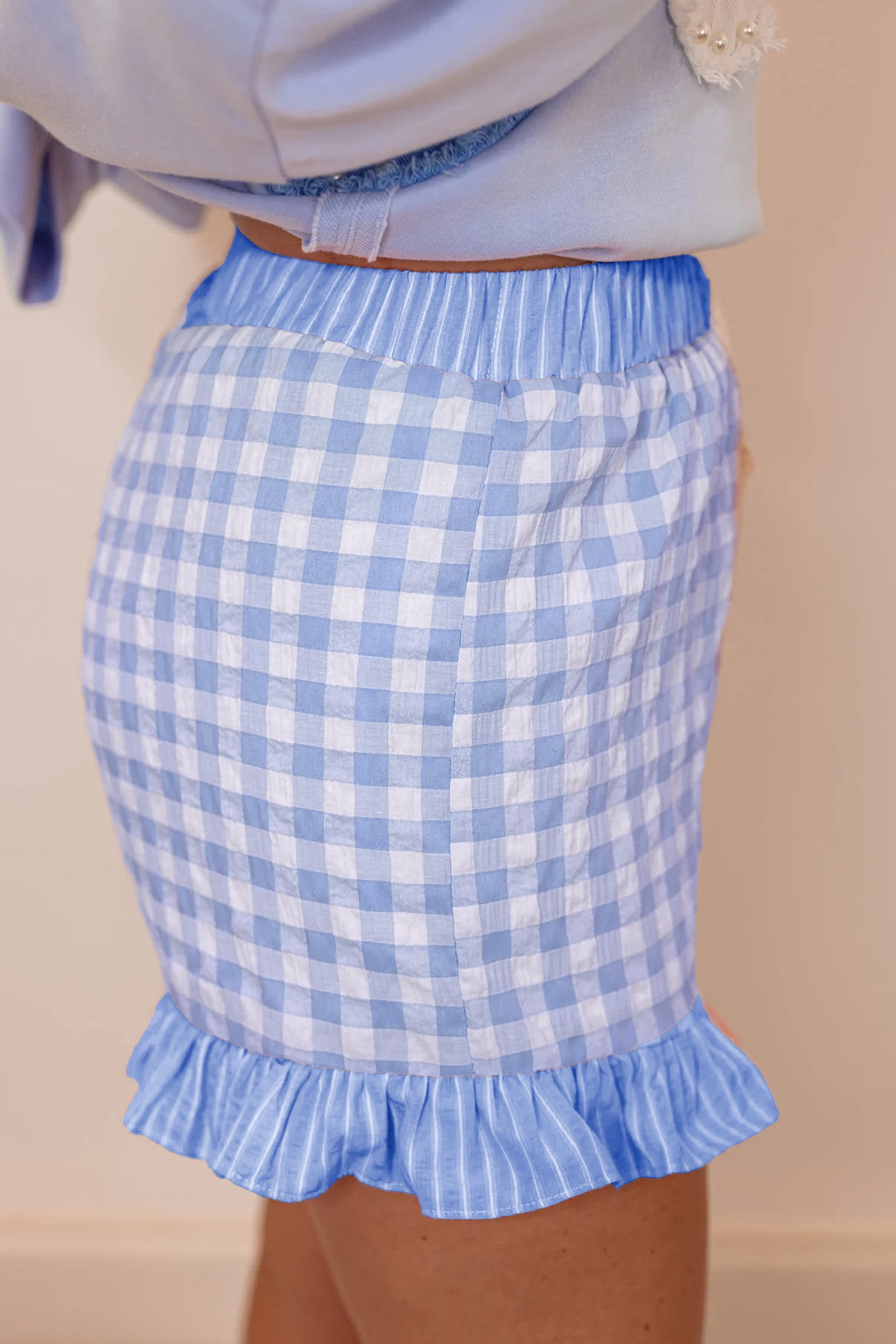 Red Gingham Print Ruffle Striped Detail Lace Tie Shorts-Bottoms/Casual Shorts-[Adult]-[Female]-2022 Online Blue Zone Planet