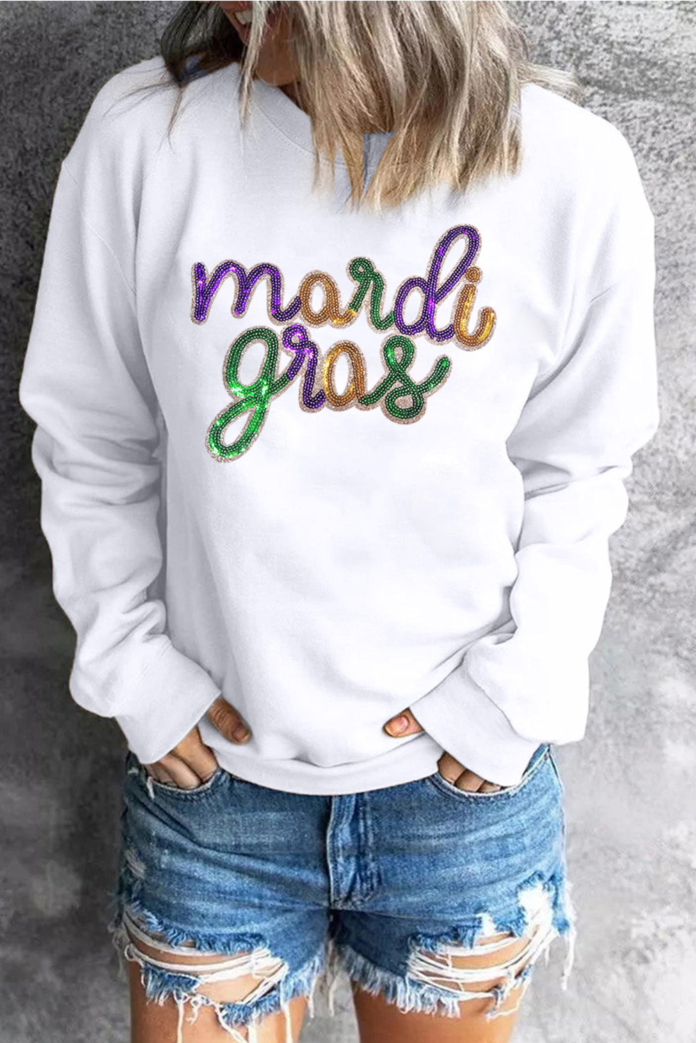 White Sequined mardi gras Graphic Crew Neck Drop Shoulder Sweatshirt-Graphic/Graphic Sweatshirts-[Adult]-[Female]-2022 Online Blue Zone Planet