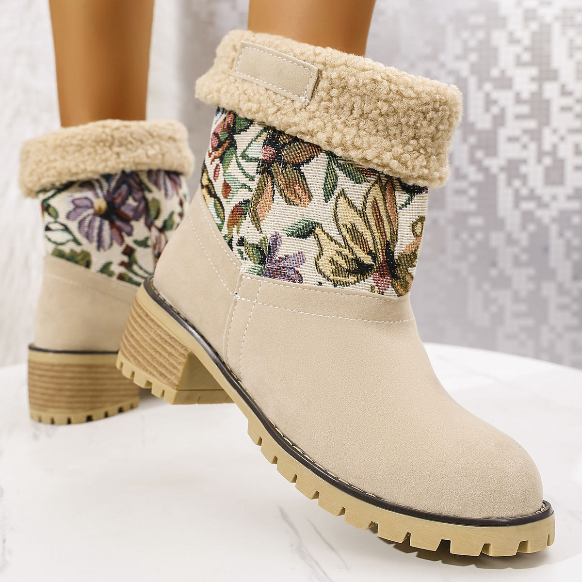 Embroidered Faux Fur Block Heel Boots-SHOES-[Adult]-[Female]-2022 Online Blue Zone Planet