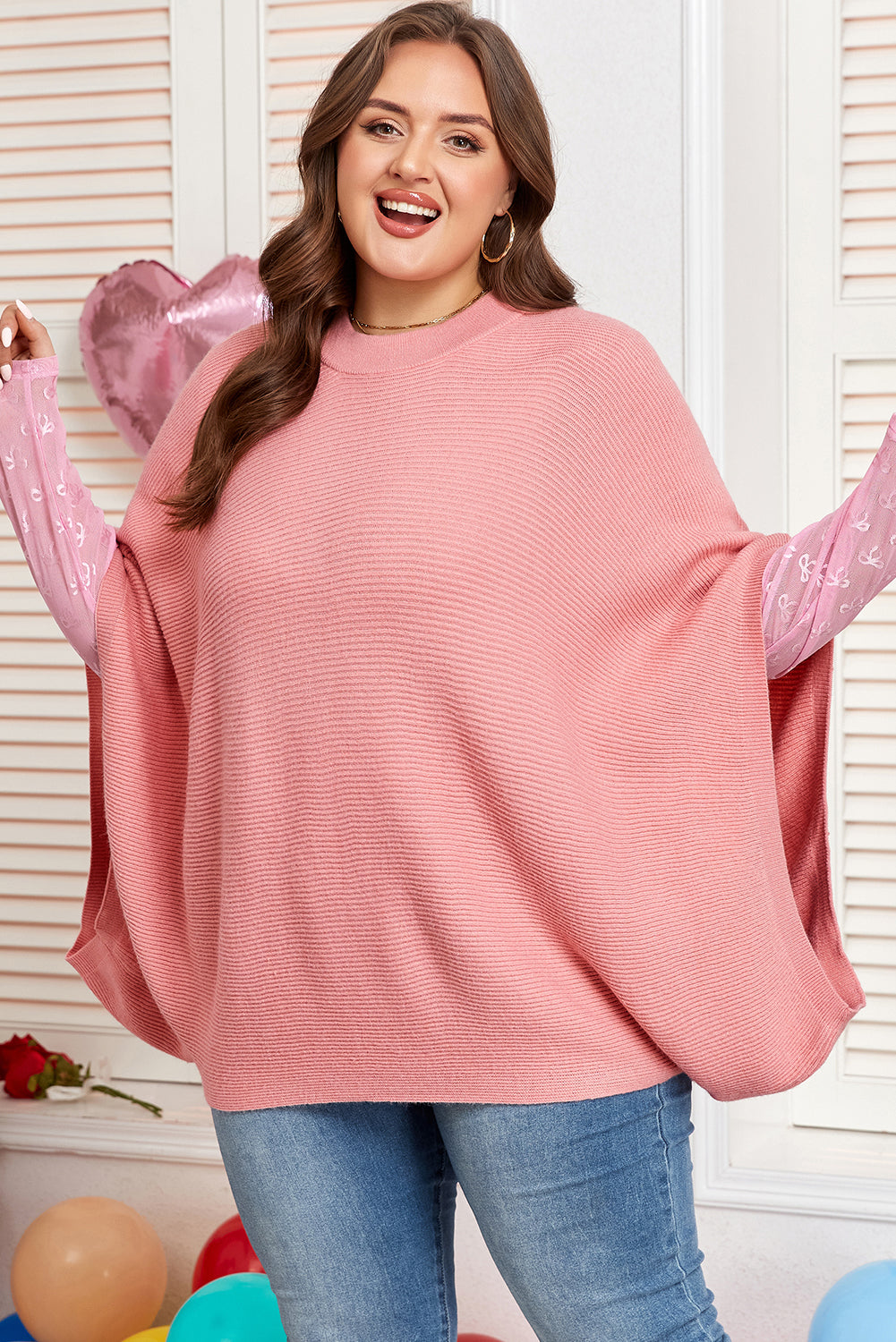 Light Pink Ribbed Knit Half Sleeve Plus Size Poncho Style Sweater-TOPS / DRESSES-[Adult]-[Female]-2022 Online Blue Zone Planet