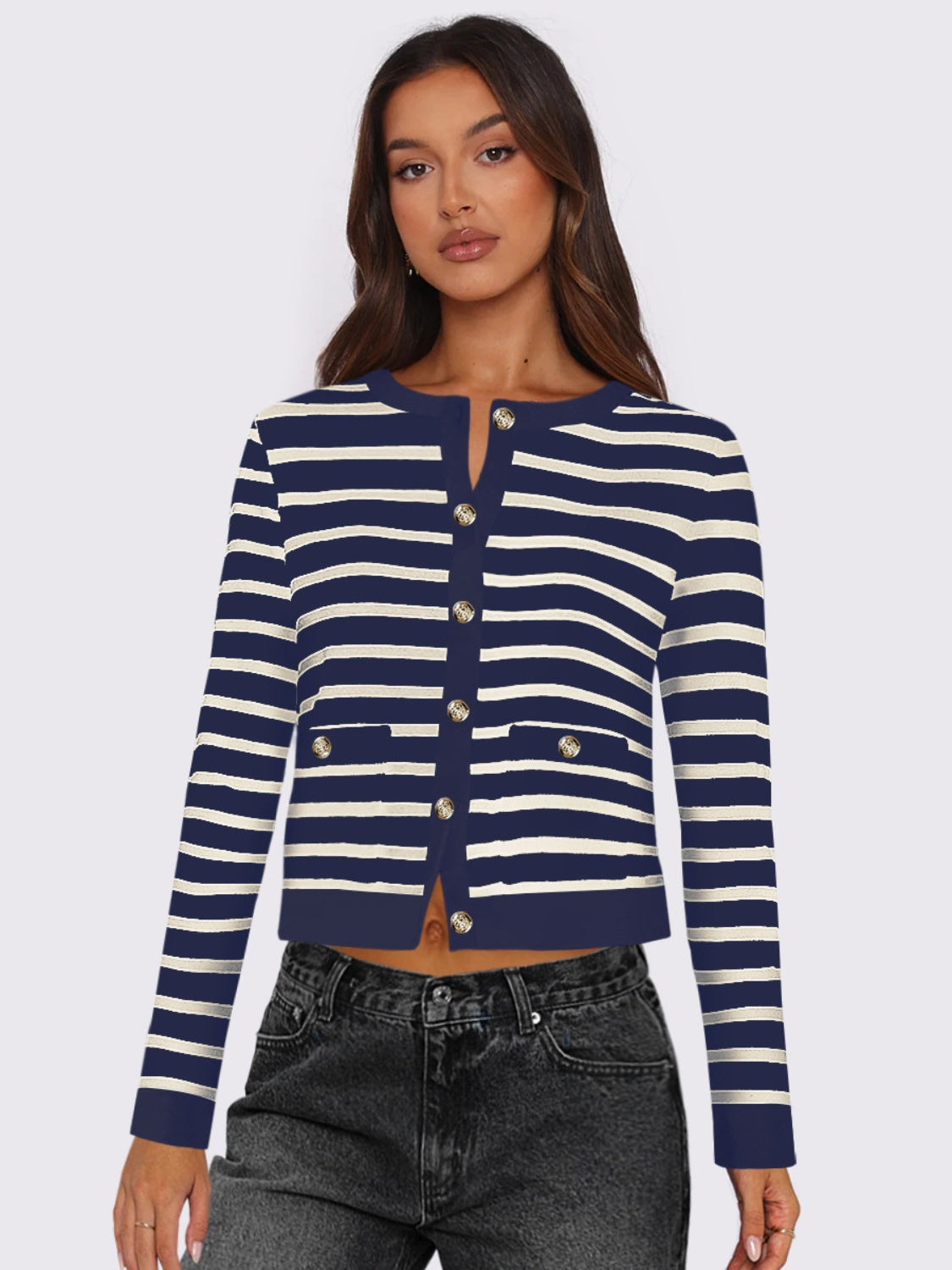 Striped Round Neck Button Up Long Sleeve Cardigan-NEW ARRIVALS-[Adult]-[Female]-Navy-S-2022 Online Blue Zone Planet