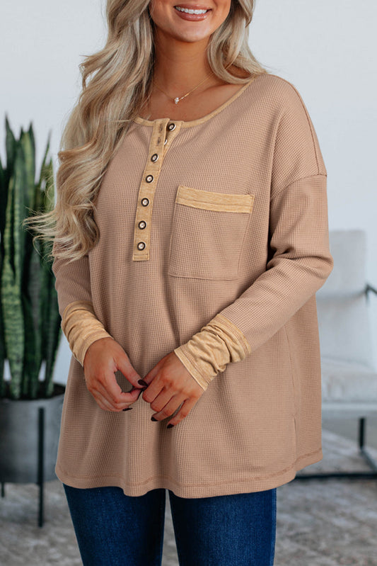 Dark Khaki Color Block Waffle Textured Tunic Henley Top With Slits-Tops/Long Sleeve Tops-[Adult]-[Female]-Dark Khaki-S-2022 Online Blue Zone Planet
