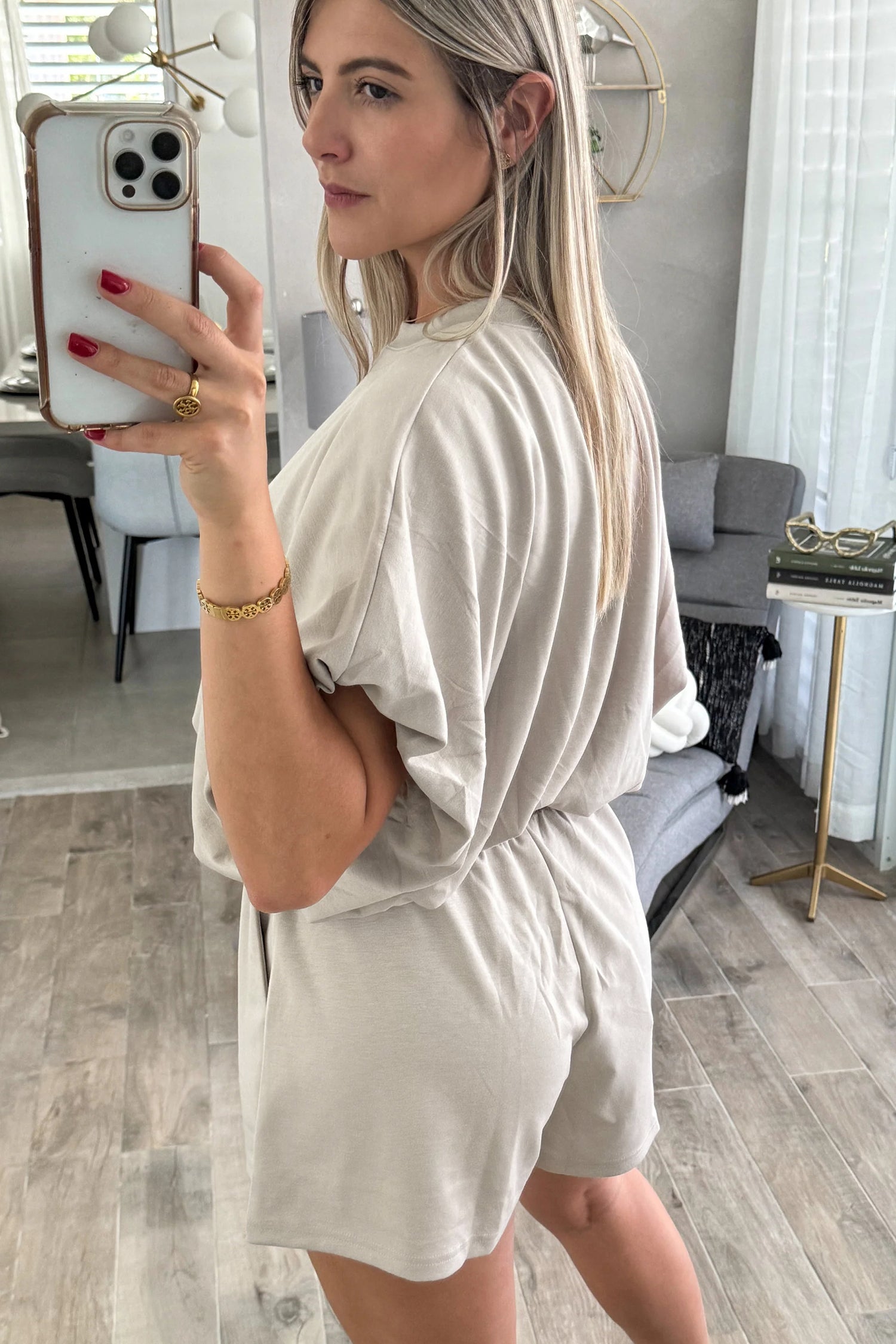 Smoke Gray Solid Color Puffy Loose Top Drawstring Shorts 2pcs Outfit-Two Piece Sets/Short Sets-[Adult]-[Female]-2022 Online Blue Zone Planet