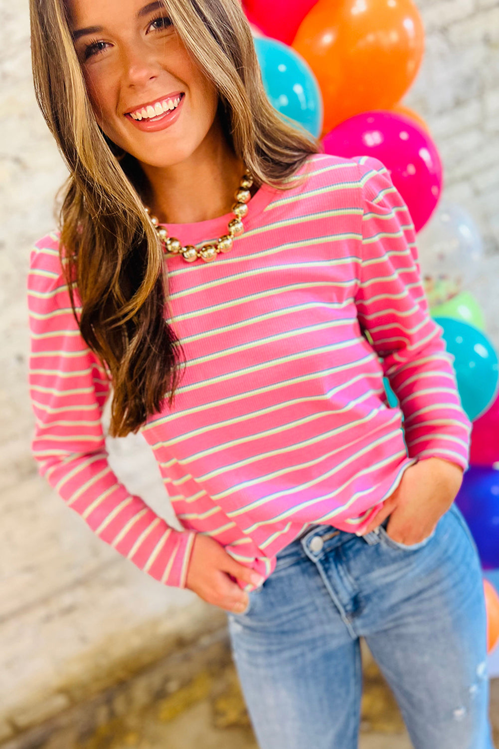 Rose Stripe Textured Knit Round Neck Long Sleeve Top-Tops/Long Sleeve Tops-[Adult]-[Female]-2022 Online Blue Zone Planet